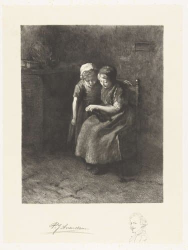Een meisje leert haar zusje breien by Petrus Johannes Arendzen