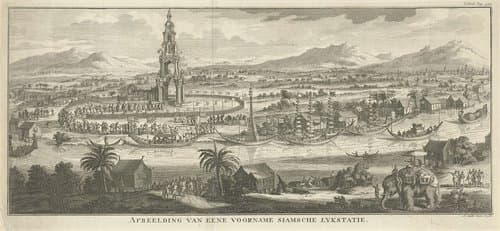 Thais rivierlandschap met lijkstatie by Adolf van der Laan