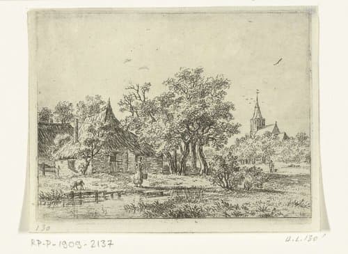 Dorpsgezicht met maagd die water uit de sloot haalt by Ernst Willem Jan Bagelaar