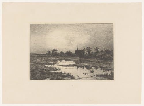 Dorpskerk in de avond, bij een meer by Emile de Baré