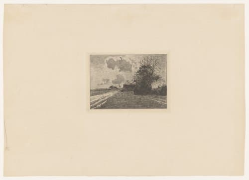 Landweg met boerderij tussen bomen by Emile de Baré