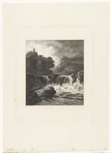 Berglandschap met waterval by Johannes Arnoldus Boland
