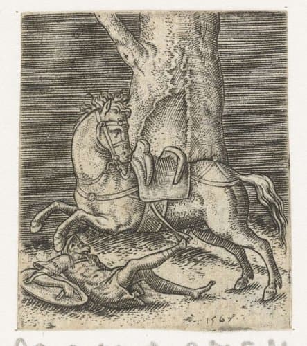 Romeinse ruiter van zijn paard getild by Abraham de Bruyn