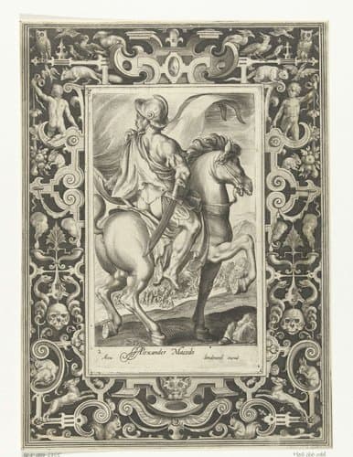 Held Alexander de Grote te paard in omlijsting met ornamenten by Nicolaes de Bruyn
