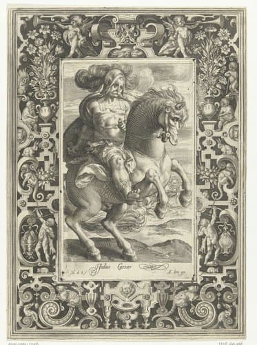 Julius Caesar te paard in omlijsting met ornamenten by Nicolaes de Bruyn