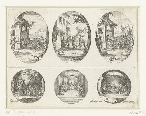 Drie scènes uit het leven van Maria en drie Passiescènes: Aanbidding door de herders, Visitatie, Aanbidding door de koningen, Afdaling in het voorgeborchte, Pinksteren, Graflegging by Jacques Callot