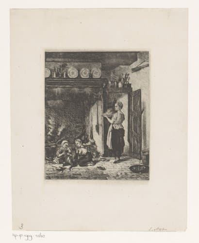 Moeder met twee spelende kinderen in de keuken by Constant Aimé Marie Cap