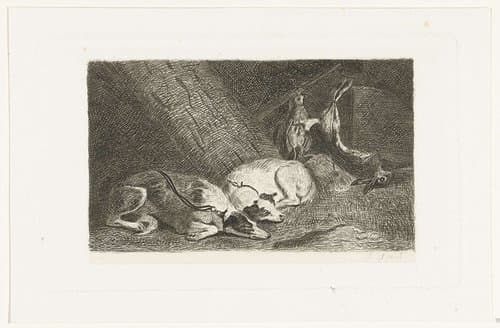 Twee honden rusten bij de jachtbuit by Jan Cassiers