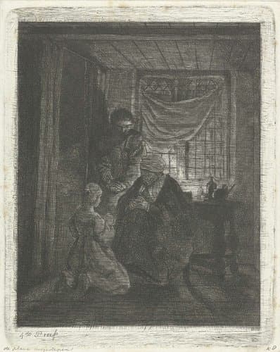 Biddend gezin voor een bedstede by Jacobus Ludovicus Cornet