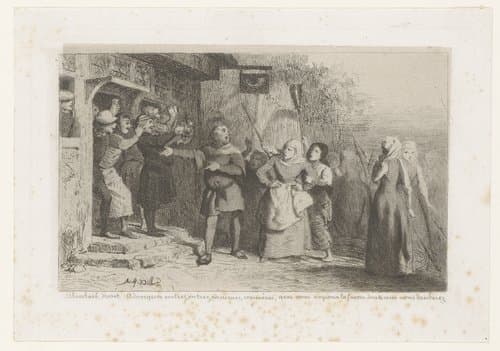 Menigte vrouwen voor een herberg met drinkers