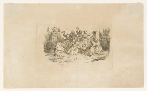 Groep mannen en vrouwen strijden met elkaar bij een waterput