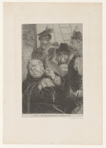 Drie mannen staan op een schip rondom een monnik met rozenkrans in zijn handen