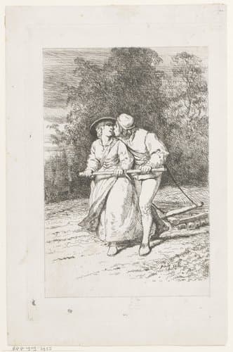 Jonge man en vrouw ploegen samen de grond terwijl de man de vrouw kust