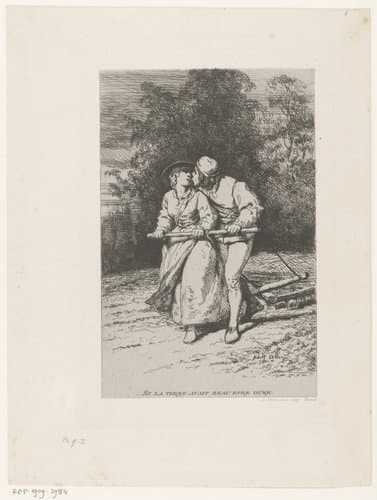 Jonge man en vrouw ploegen samen de grond terwijl de man de vrouw kust by Adolphe Alexandre Dillens