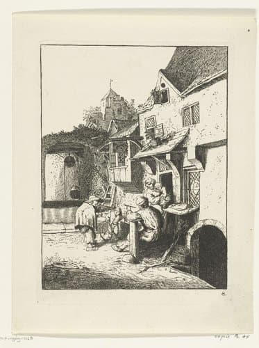 Gebochelde vioolspeler voor een herberg by anonymous