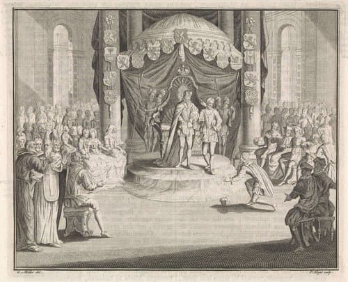Keizer Karel V draagt het bestuur van Nederland over aan Filips II by Pieter Tanjé