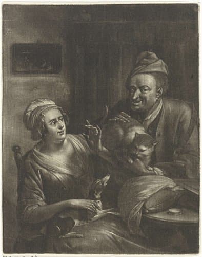 Twee figuren met een hond en een kat by Aert Schouman
