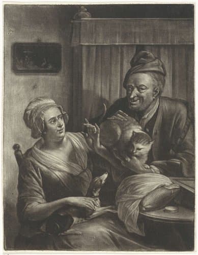 Twee figuren met een hond en een kat by Aert Schouman