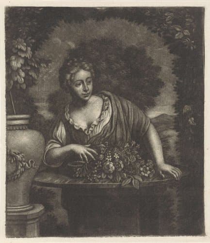 Vrouw in een tuin achter een tafel met bloemen by anonymous
