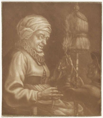 Oude vrouw met een spinrokken by anonymous