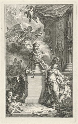 Portret van Karel van Mander door putto geëerd by Simon Fokke