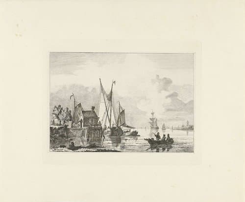 Riviergezicht met aangemeerde zeilschepen by Willem Gruyter jr.
