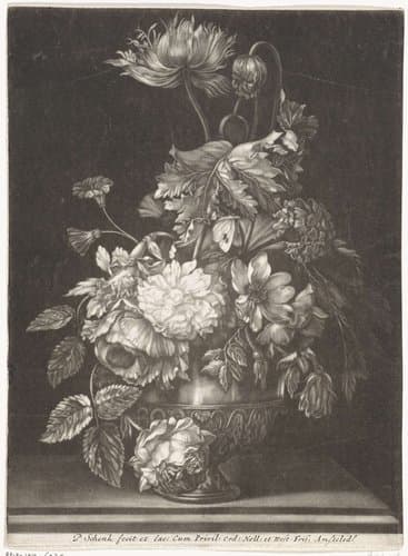 Metalen vaas met bloemen by Pieter Schenk (I)