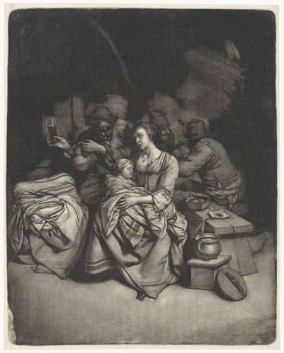 Vrouw met een slapend kind in een herberg by Wallerant Vaillant