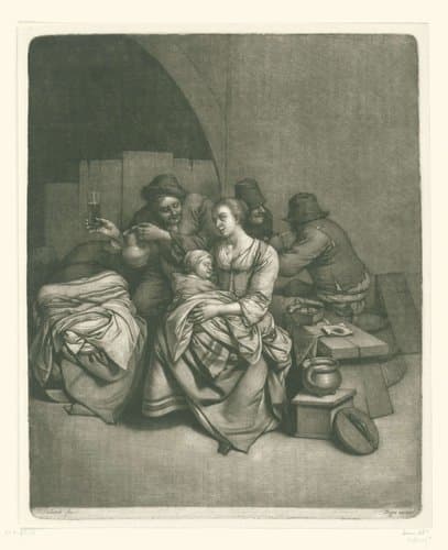 Vrouw met een slapend kind in een herberg by Wallerant Vaillant