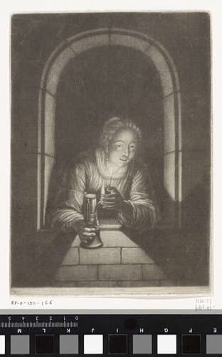 Vrouw met een olielamp by Gerard Valck