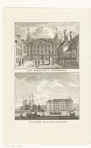 Twee stadsgezichten te Amsterdam met binnenplaats van het Admiraliteitshof of Prinsenhof en Zeemagazijn by Carel Frederik Bendorp (I)
