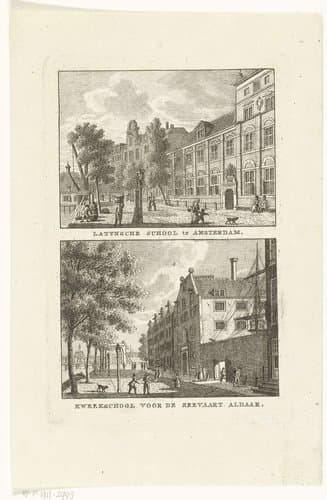 Twee stadsgezichten te Amsterdam met Latijnse school en Kweekschool voor de Zeevaart by Carel Frederik Bendorp (I)