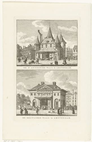 Twee stadsgezichten te Amsterdam: Waag op Nieuwmarkt en Regulierswaag by Carel Frederik Bendorp (I)