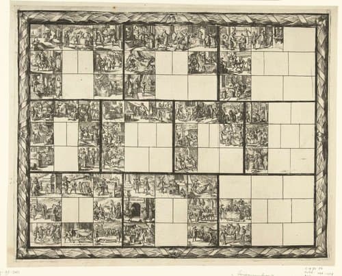 Blad met tientallen kleine voorstellingen van juridische aard (illustraties voor 'Ars magna et admirabilis (...) Pandectarum tituli (...) ope figurarum emblematicarum'?) by Romeyn de Hooghe