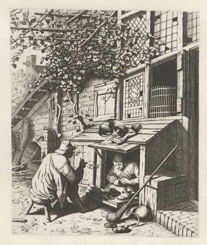 Schoenmaker in winkel voor zijn huis en een klant by anonymous