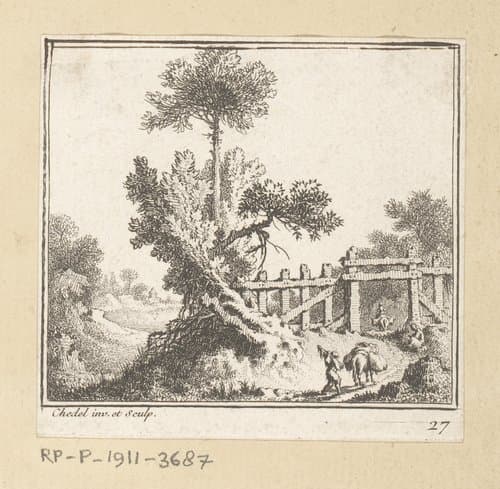 Landschap met reizigers bij een hek met poort