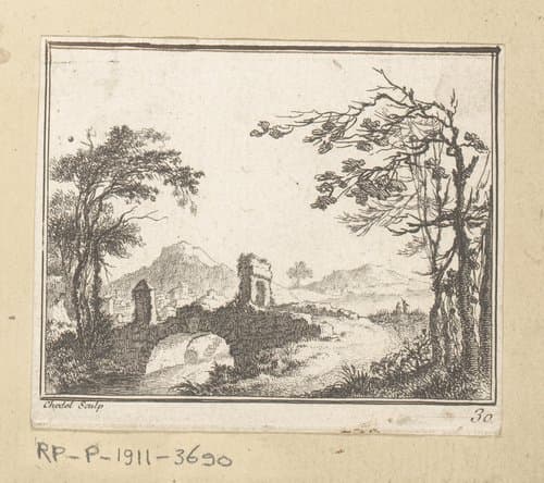 Landschap met een brug waarop een poort