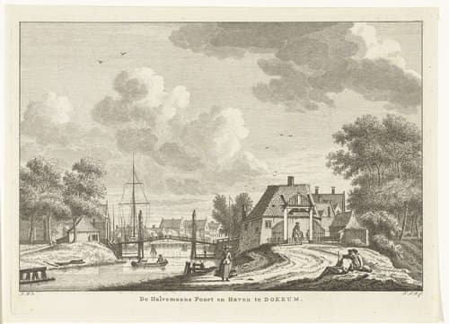 Stadsgezicht met Halvemaanspoort en haven te Dokkum by Carel Frederik Bendorp (I)