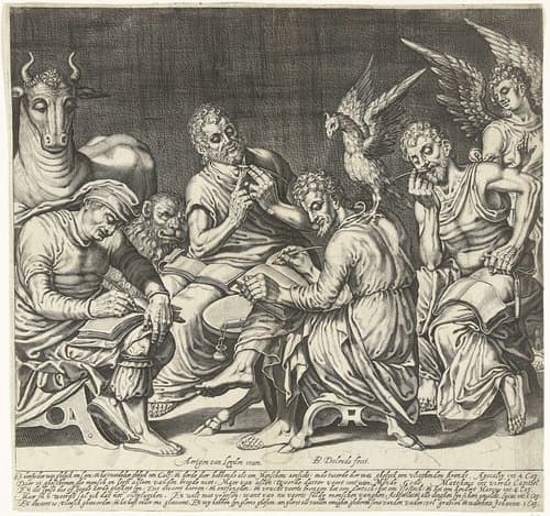 De vier evangelisten met hun symbolen by Bartholomeus Willemsz. Dolendo
