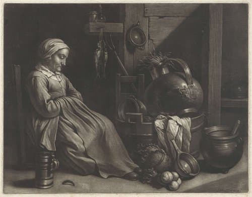 Slapende dienstmeid in een keuken by Wallerant Vaillant
