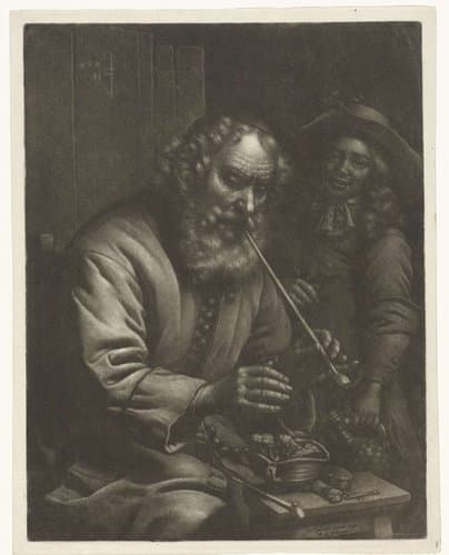 Rokende oude man warmt zijn handen by Wallerant Vaillant