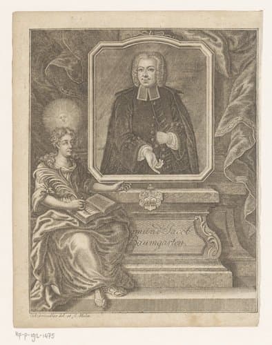 Personificatie van de waarheid, zittend naast het portret van Sigmund Jacob Baumgarten