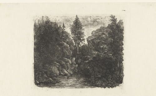 Rotslandschap met beek en bomen by Rodolphe Bresdin
