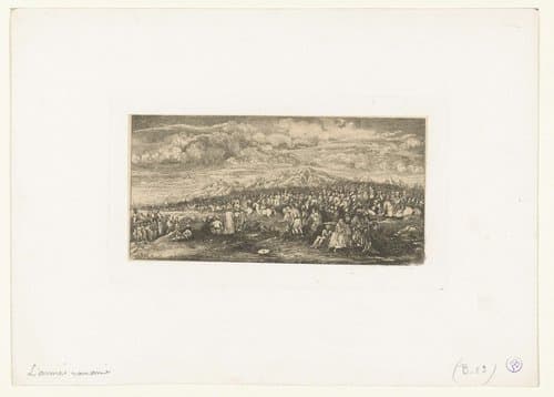 Groot leger rukt op naar links op vlakte in landschap by Rodolphe Bresdin