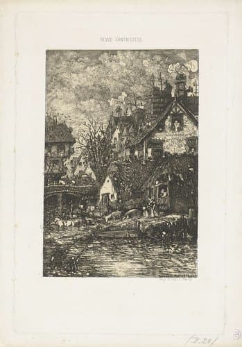 Dorpsgezicht met een rivier by Rodolphe Bresdin