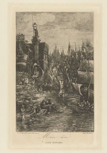 Fantasielandschap met haven in stad en schepen by Rodolphe Bresdin