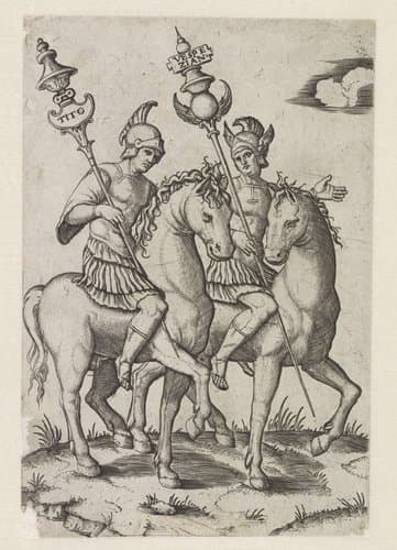 Romeinse keizers Titus en Vespasianus te paard by Marcantonio Raimondi