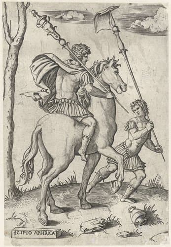 Romeinse generaals Scipio Africanus Maior te paard en Scipio Africanus Minor by Marcantonio Raimondi
