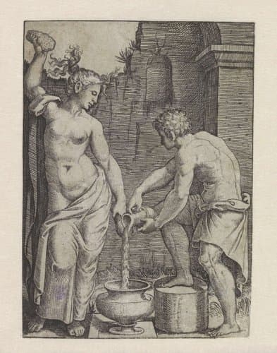 Vrouw met de twee sponzen by Marcantonio Raimondi