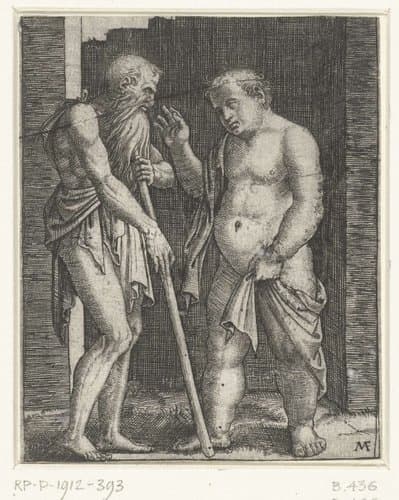 Oude man leunend op stok en gebarende jonge dikke man by Marcantonio Raimondi